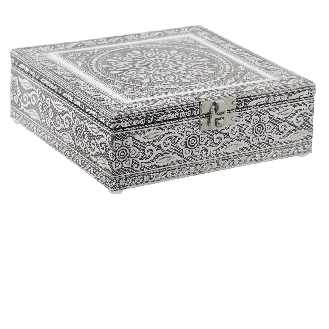 caja joyero cuadrado en madera y aluminio labradocon motivos etnicos